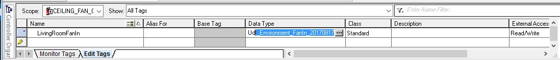 Creating a new tag in RSLogix 5000 by typing in the tag name and data type.