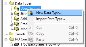 The context menu that pops up when you right-click on User-Defined within Data Types in RSLogix 5000.