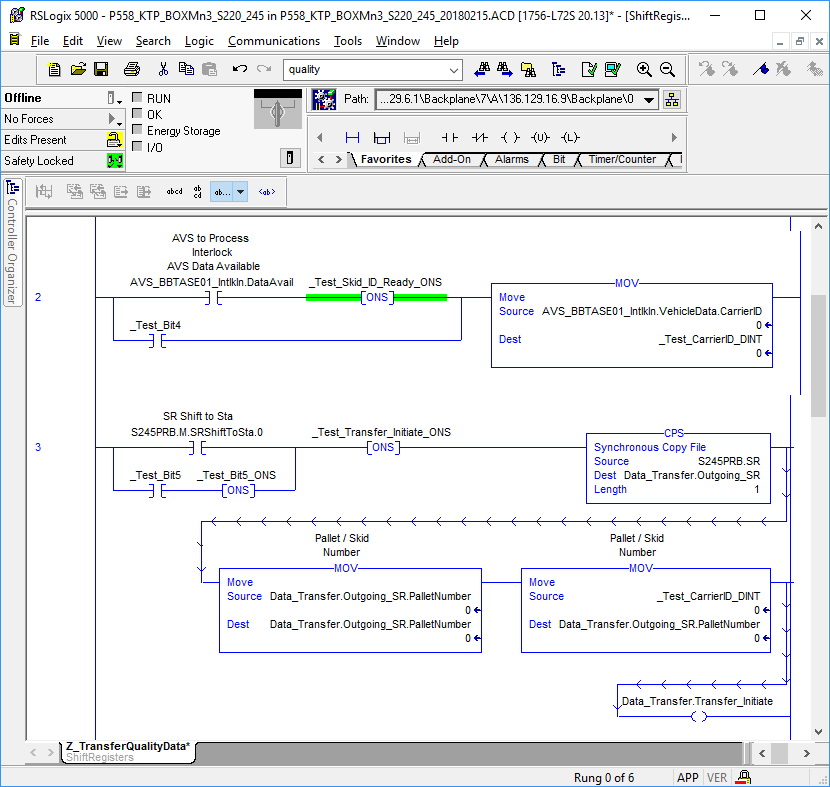 An example of ladder logic depicted within RSLogix 5000, PLC programming software for Rockwell Automation equipment.