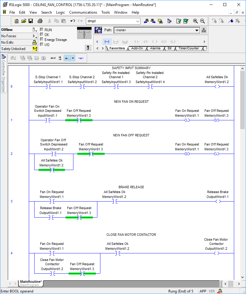 An example of ladder logic shown in RSLogix 5000, PLC programming software for Rockwell Automation PLC's.