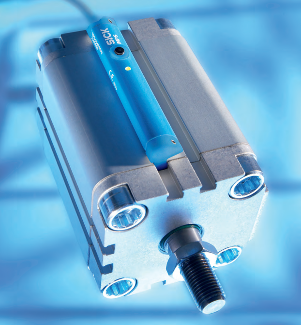 A pneumatic cylinder with an analog magnetic sensor from the Sick MPS family of sensors. These sensors provide allow you to observe the position of the cylinder very precisely.