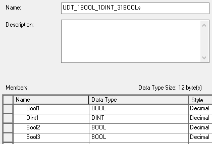 A User-Defined Data Type with 1 BOOL, 1 DINT, and 31 more BOOL's in RSLogix 5000. The purpose of this example is to illustrate that when elements of the same atomic data types are not grouped together in a UDT, memory is wasted.