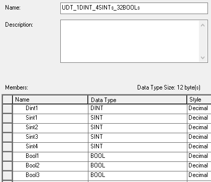 A User-Defined Data Type with 1 DINT, 4 SINT's, and 32 BOOL's in RSLogix 5000.