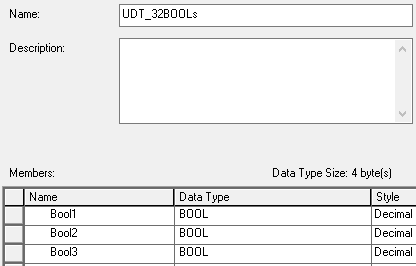 A User-Defined Data Type with 32 BOOL in RSLogix 5000.