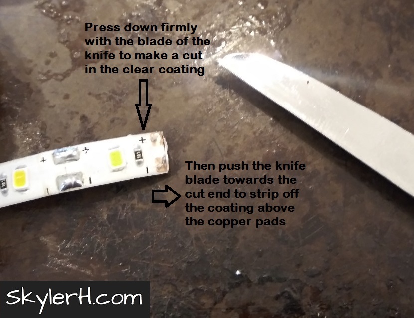 This image shows the light strip, a small paring knife, and instructions for how to cut the coating on an LED light strip to be able to extend it by soldering in new wire.